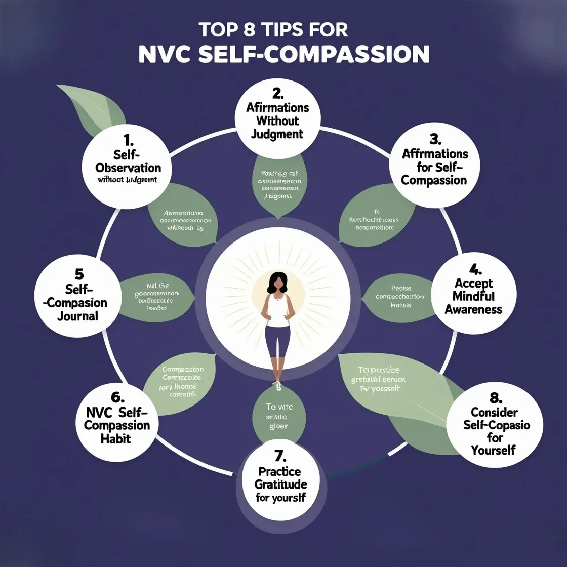 Illustration showcasing the principles of NVC self-compassion through observation, feelings, needs, and requests.