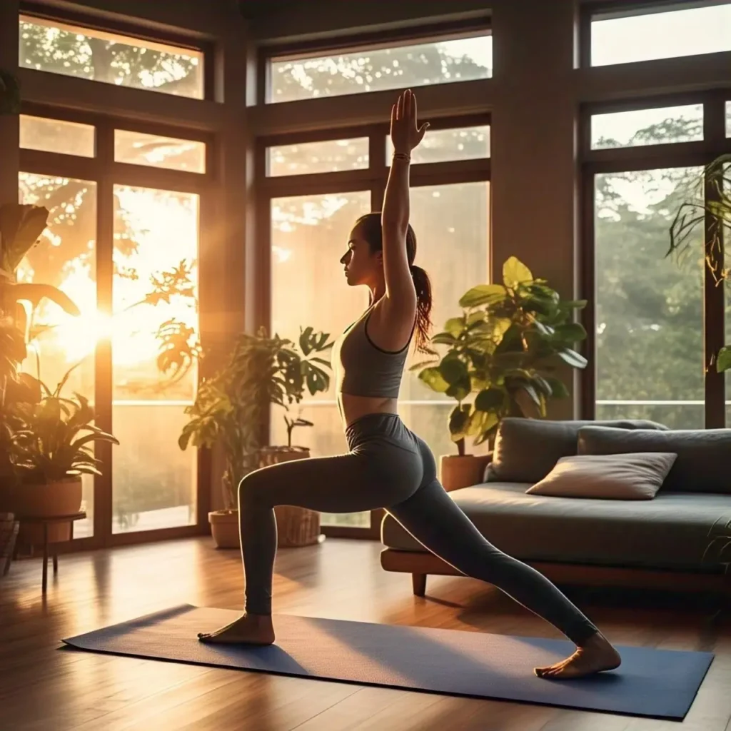 Group practicing hot yoga for beginners during a morning yoga stretch class.