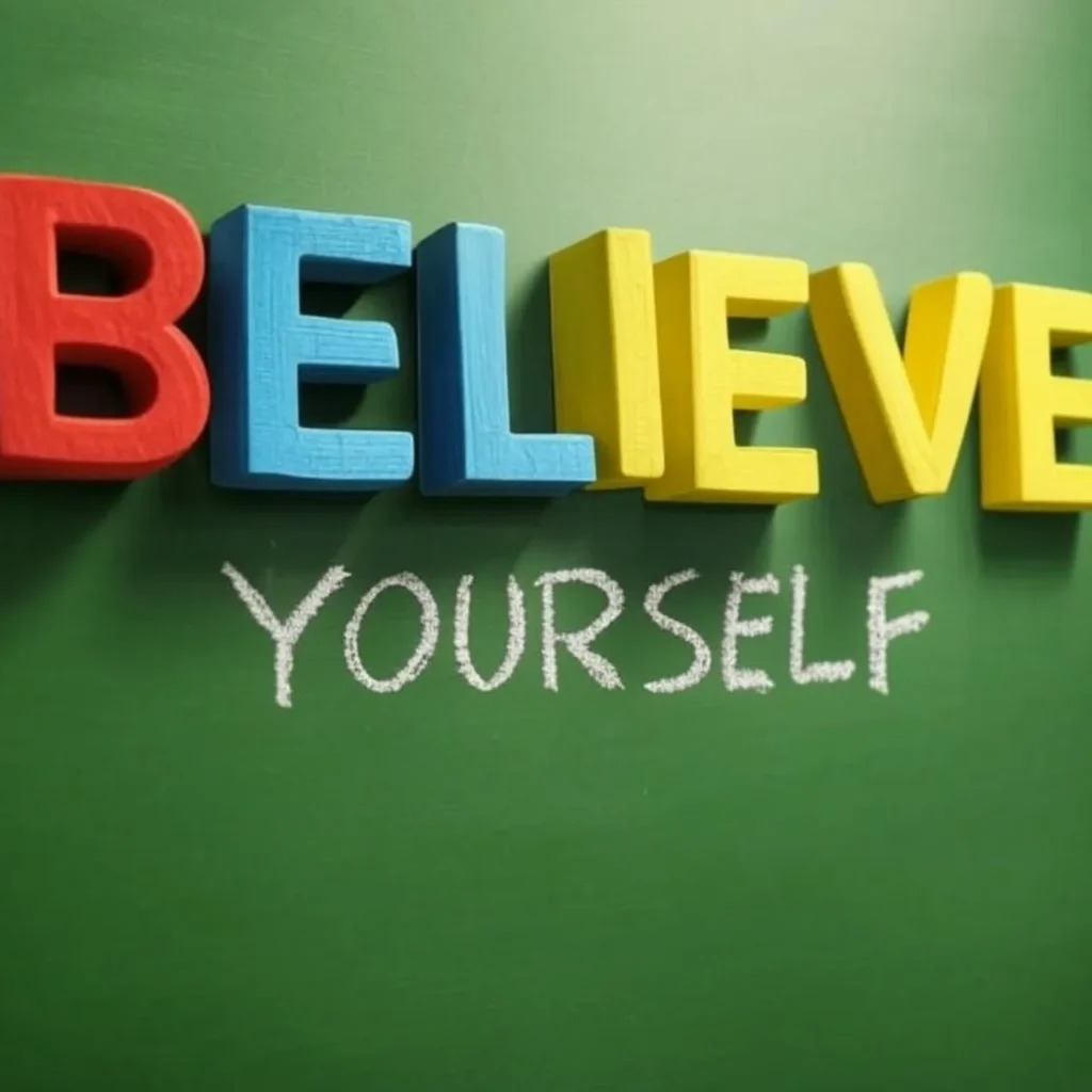 Motivational BELIEVE YOURSELF design on a chalkboard, highlighting confidence building exercises, books on building confidence, and confidence building courses for personal growth.