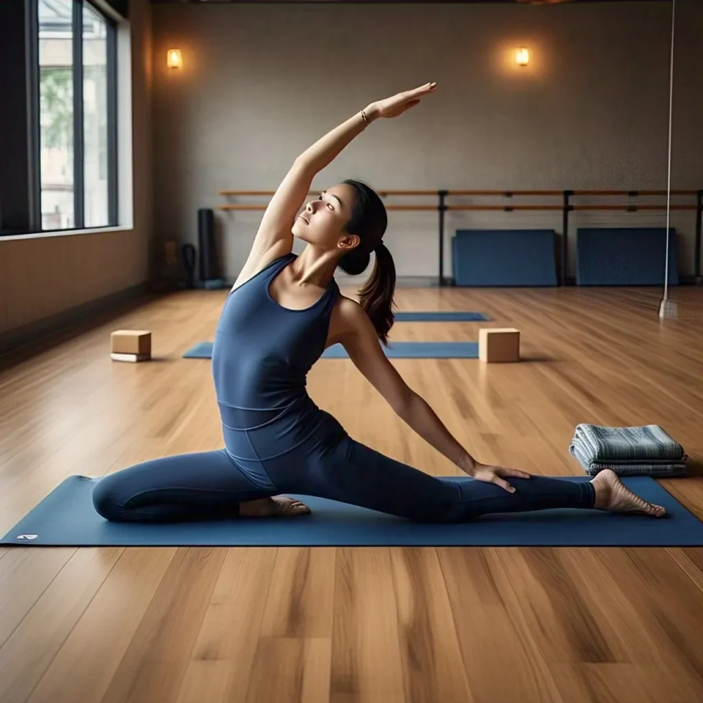 Person holding a pose with morning affirmations for positive energy in a morning yoga stretch routine.