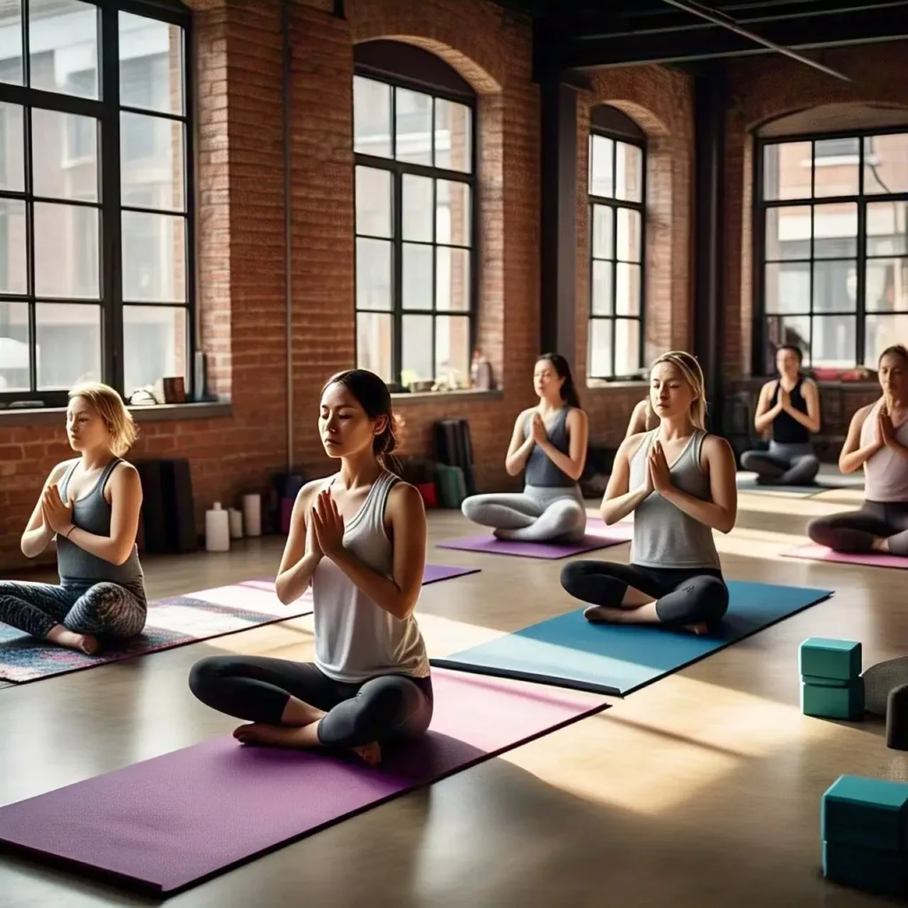 Group at a yoga and meditation retreat near me, engaging in mindful movement yoga nidra and yoga poses for mental health.