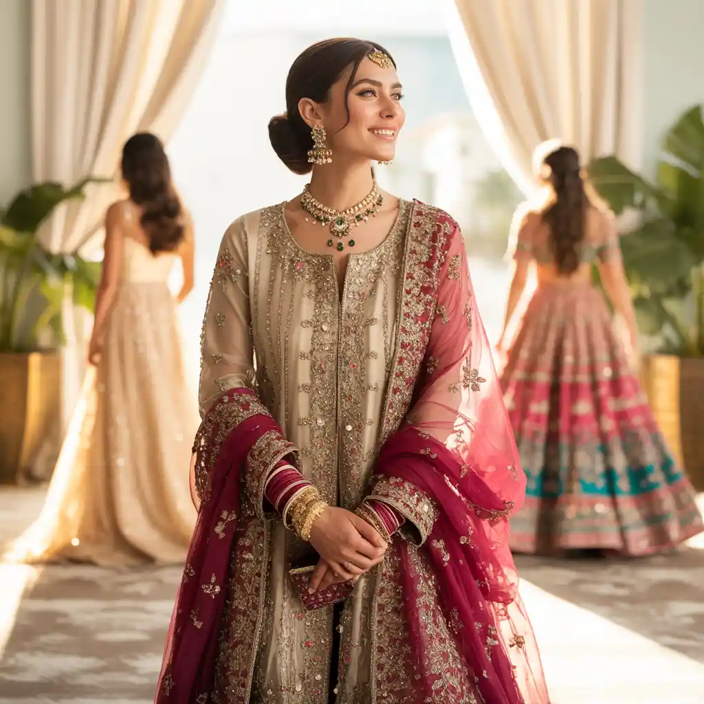 bridal pakistani suits with hand embroidery, sequins, and traditional colors like red and gold, alongside modern bridal trends with pastel shades, maxi dresses, and jacket-style gowns.